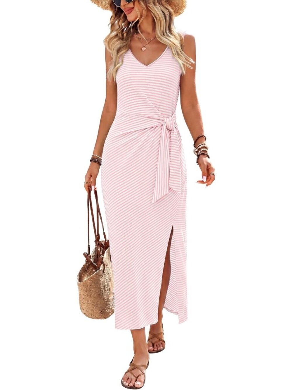 Women's Striped Pink Sleeveless V Neck Casual Tie Waist Imported Midi Dresses